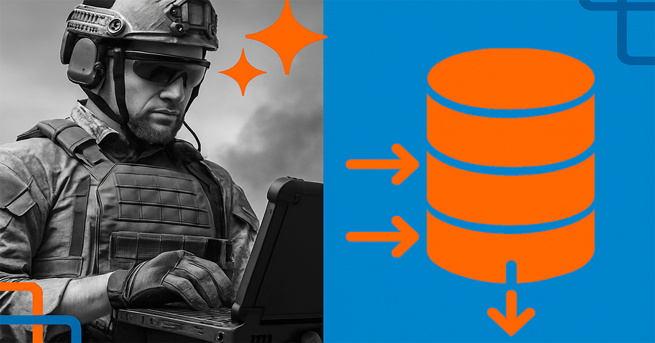 A black-and-white photo of a soldier in tactical gear using a rugged laptop in the field, symbolizing edge computing in combat zones, paired with a blue background and an orange database icon with arrows, representing real-time data processing and rugged computing.